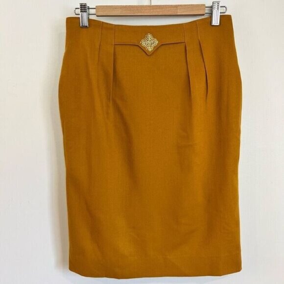 Vintage Denise Petites Women’s 10 100% Pure Wool Pleated Slit Skirt Yellow - Picture 1 of 10